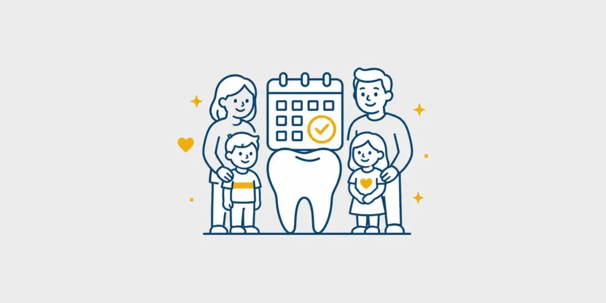Navy and gold line icon of a family, tooth, and appointment calendar on a light gray background