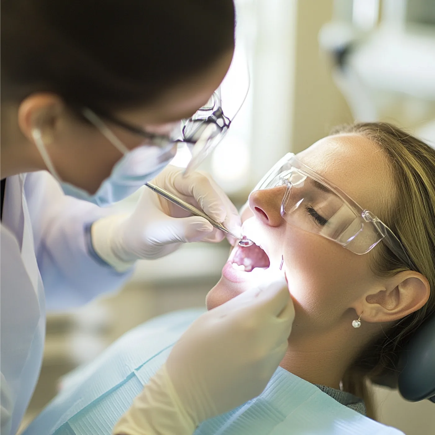 A dental professional applying a topical fluoride treatment
