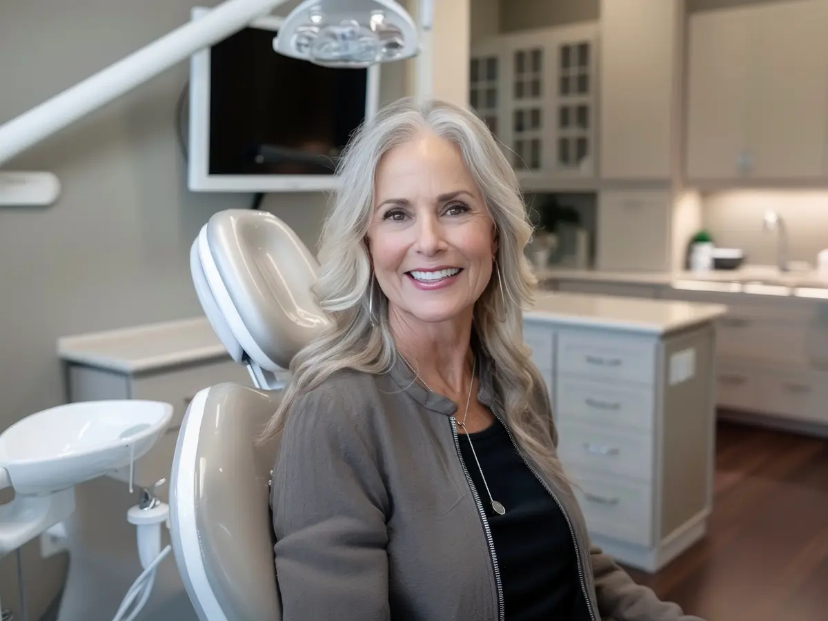 A smiling patient seated in a bright dental office