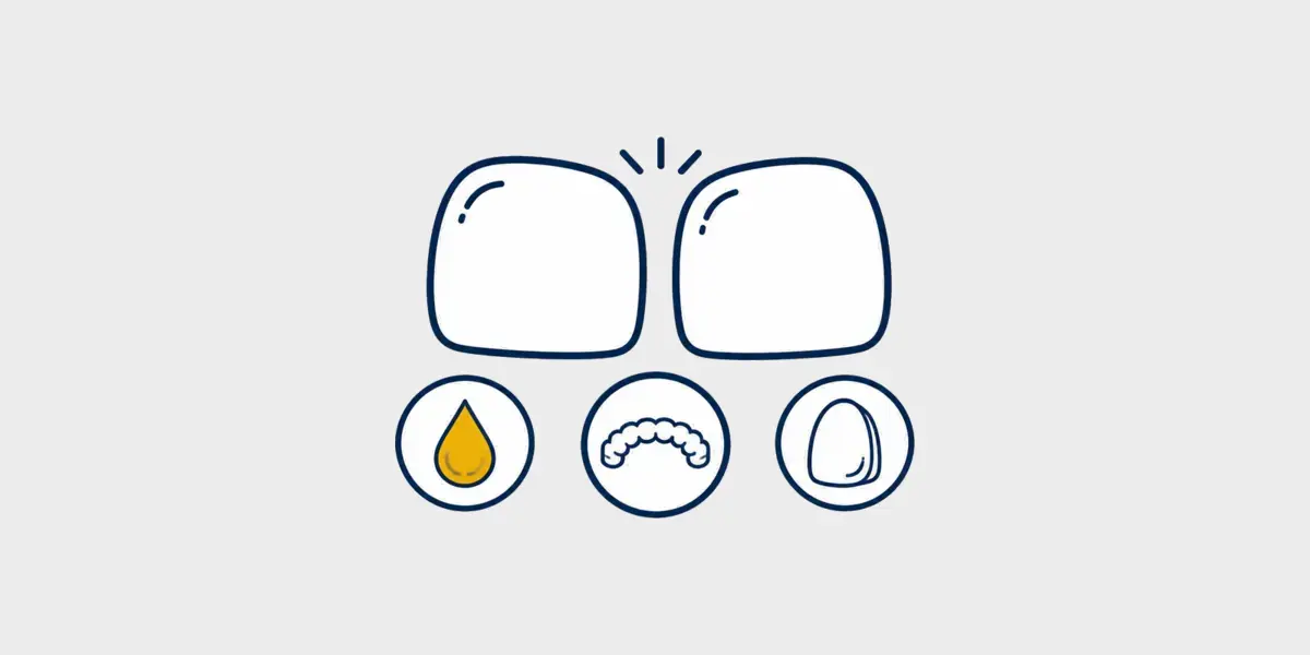 Navy and gold line icon of two teeth with a gap and symbols for bonding, aligners, and veneers on a light gray background