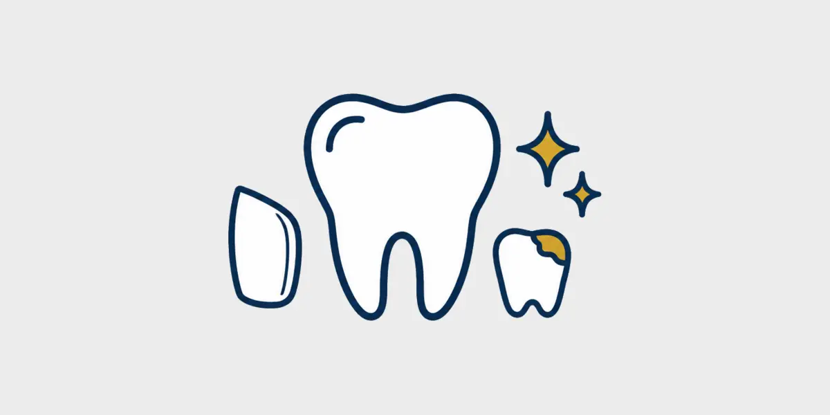 Line icon comparing a veneer, natural tooth, bonding repair, and whitening sparkles