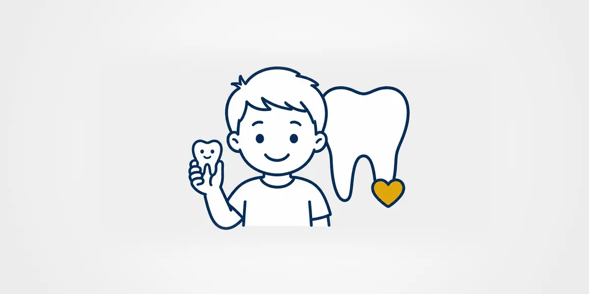 Child holding a baby tooth beside a larger tooth illustration